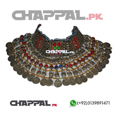 Afghan Style Metal Choker Necklace with Colored Stones - ACE2