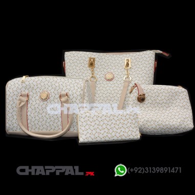 Chantal Faux Leather Printed 5 Piece Handbag Set White - PRS12