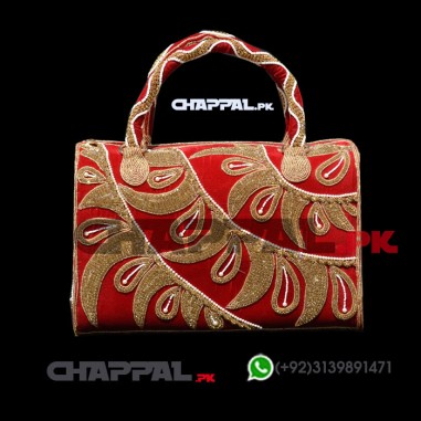 Red Velvet Beaded Handbag Bridal Purse with Gold Work - PRS6