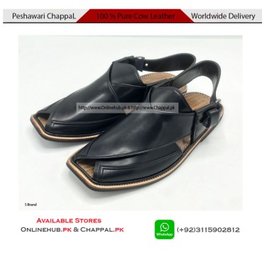 Traditional Black Leather Peshawari Chappal Sandal - PS013