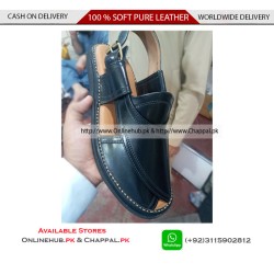 Black Pure Leather Peshawari Chappal Double Sole - PS075
