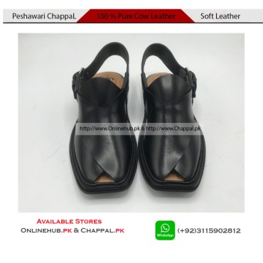 Black Pure Leather Peshawari Chappal Double Sole - PS077