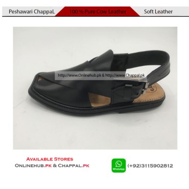 Black Pure Leather Peshawari Chappal Double Sole - PS077