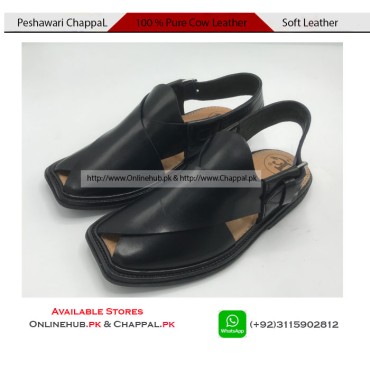 Black Pure Leather Peshawari Chappal Double Sole - PS077