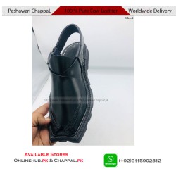 Black Pure Leather Peshawari Chappal with Double Sole - PS166