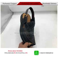 Pure Leather Black Fabric Peshawari Chappal with Double Sole - PS192