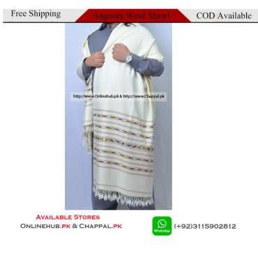 Mens Off White Angora Wool Shawl with Striped Border - SHW005