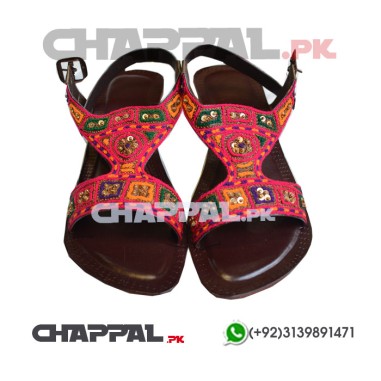Traditional Embroidered Leather Sandals Women Pink Flat Shoes - LAD 001