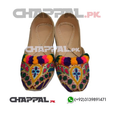 Handmade Leather Khussa Shoes with Multicolored Embroidery - LAD003