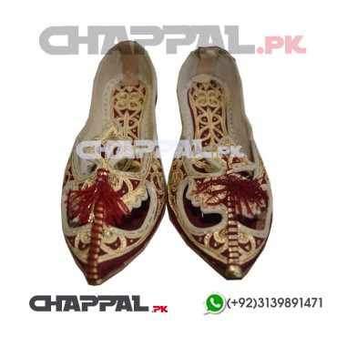 Traditional Leather Gold Embroidered Khussa Shoes for Men - LAD004